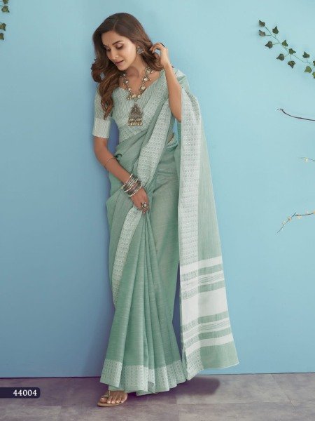  Soft Linen silk with Chikankari Weaved Border Saree Linen Sarees Wholesale