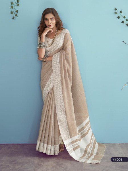  Soft Linen silk with Chikankari Weaved Border Saree Linen Sarees Wholesale