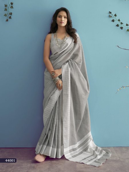 Soft Linen silk with Chikankari Weaved Border Saree Linen Sarees Wholesale