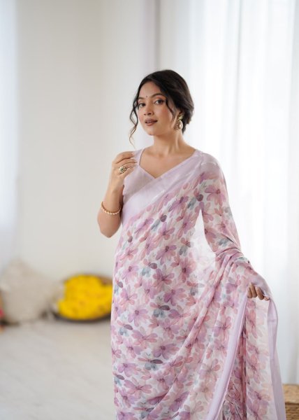 Soft Pink Moss Satin Printed Saree with Contrast Blouse Party Look Printed Cotton Sarees Wholesale