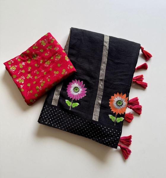 Soft Shinon Floral Print Saree with Fancy Latkan and Contrast Blouse At Best Rates Embroidery Sarees Wholesale