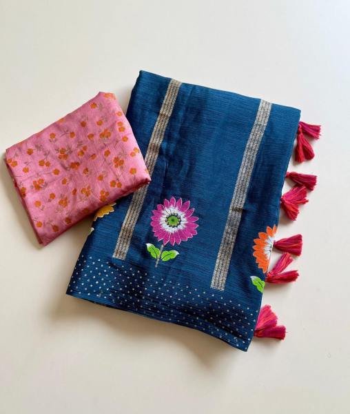 Soft Shinon Floral Print Saree with Fancy Latkan and Contrast Blouse At Best Rates Embroidery Sarees Wholesale