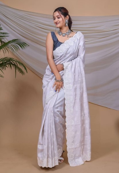 Soft Silk Saree With Kantha Thread Work Border Silk Sarees Wholesale