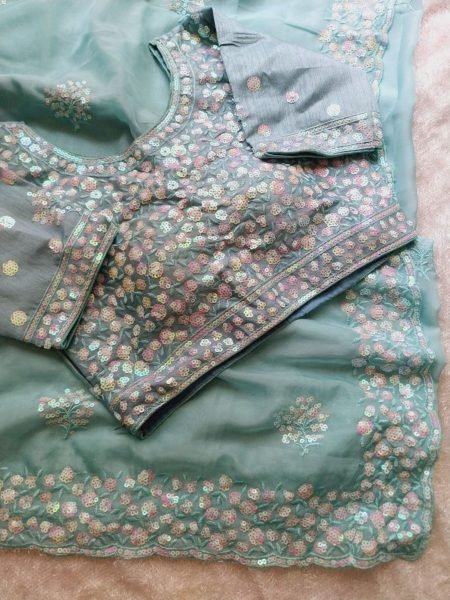 Soft Tabby Organza Saree with Hand Sequin Butta   Ready Stitched Blouse Online Sale Organza Sarees Wholesale