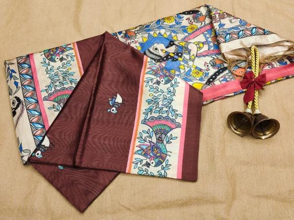 Soft Tussar Silk Saree with Exquisite Madhubani Prints & Contrast Blouse Silk Sarees Wholesale