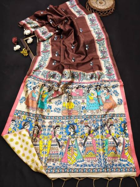 Soft Tussar Silk Saree with Exquisite Madhubani Prints & Contrast Blouse Silk Sarees Wholesale