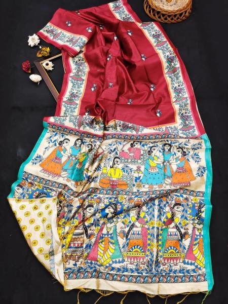 Soft Tussar Silk Saree with Exquisite Madhubani Prints & Contrast Blouse Silk Sarees Wholesale