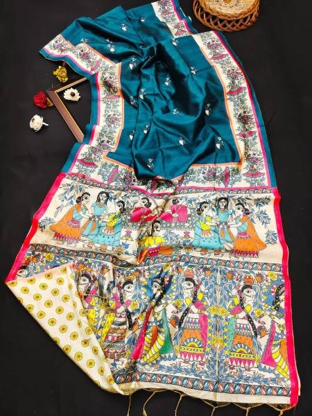Soft Tussar Silk Saree with Exquisite Madhubani Prints & Contrast Blouse Silk Sarees Wholesale