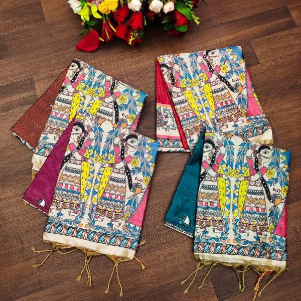 Soft Tussar Silk Saree with Exquisite Madhubani Prints & Contrast Blouse Silk Sarees Wholesale