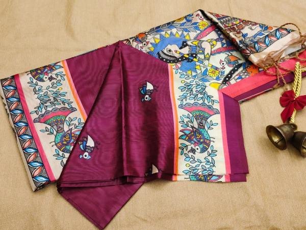 Soft Tussar Silk Saree with Exquisite Madhubani Prints & Contrast Blouse Silk Sarees Wholesale