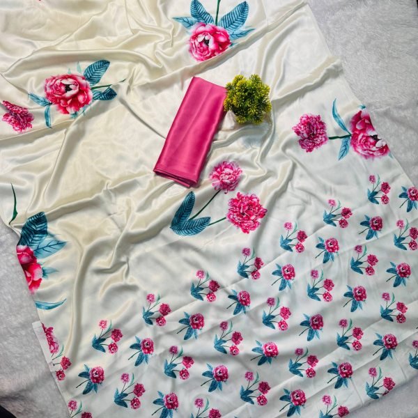 soft white japan satin saree with green leaf floral design lightweight and elegant Silk Sarees Wholesale