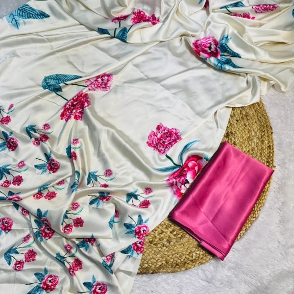 soft white japan satin saree with green leaf floral design lightweight and elegant Silk Sarees Wholesale