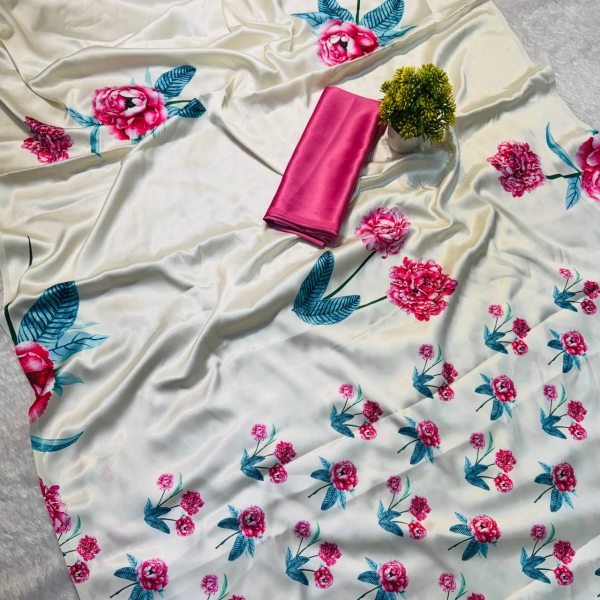 soft white japan satin saree with green leaf floral design lightweight and elegant Silk Sarees Wholesale