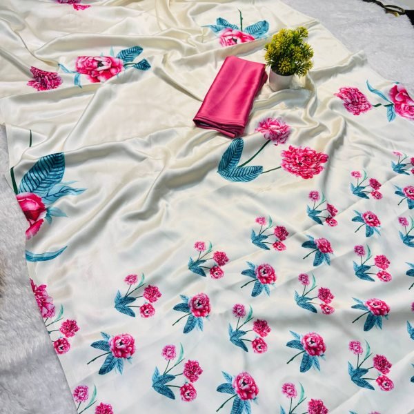 soft white japan satin saree with green leaf floral design lightweight and elegant Silk Sarees Wholesale