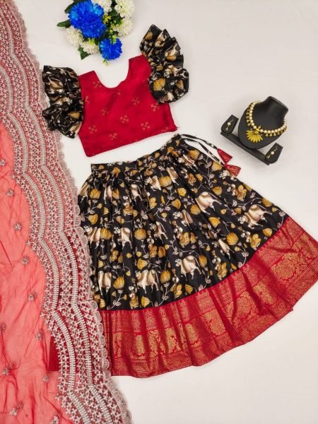 Soft  Zari Silk with Designer Foil Work Lahenga with Zari Weaving Design Girls Wear