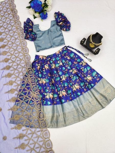 Soft  Zari Silk with Designer Foil Work Lahenga with Zari Weaving Design Girls Wear