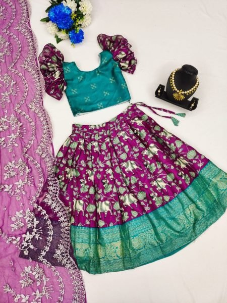 Soft  Zari Silk with Designer Foil Work Lahenga with Zari Weaving Design Girls Wear