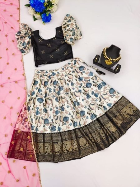 Soft  Zari Silk with Designer Foil Work Lahenga with Zari Weaving Design Girls Wear