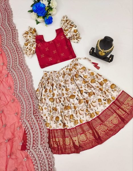 Soft  Zari Silk with Designer Foil Work Lahenga with Zari Weaving Design Girls Wear
