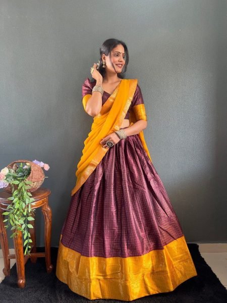 South Indian Cotton Lehenga Choli Set with Heavy Border & Fancy Dupatta Set Half Saree Lehenga