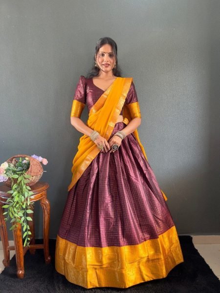 South Indian Cotton Lehenga Choli Set with Heavy Border & Fancy Dupatta Set Half Saree Lehenga
