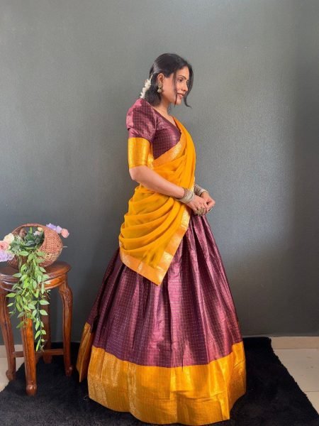 South Indian Cotton Lehenga Choli Set with Heavy Border & Fancy Dupatta Set Half Saree Lehenga