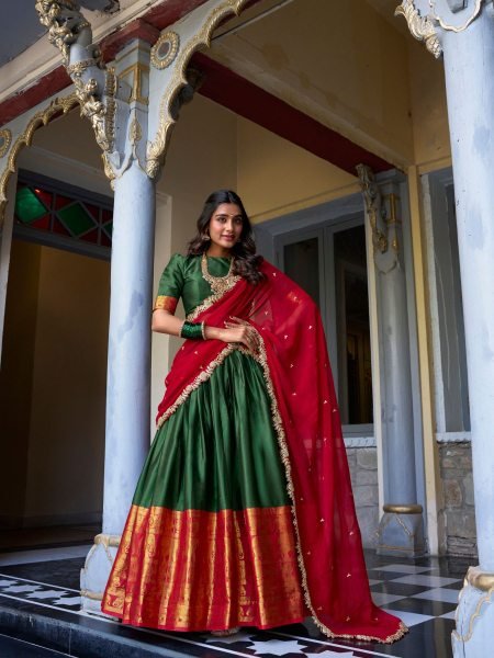 South Indian Stitched Saree Lehenga with Zari Weaving   Embroidered Dupatta 