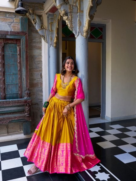 South Indian Stitched Saree Lehenga with Zari Weaving   Embroidered Dupatta 