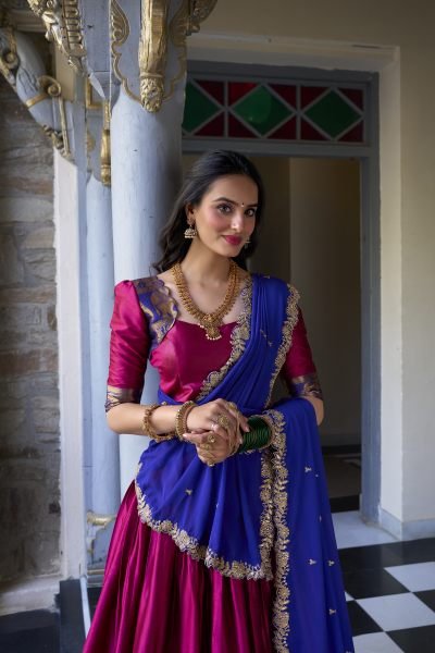 South Indian Stitched Saree Lehenga with Zari Weaving   Embroidered Dupatta Half Saree Lehenga
