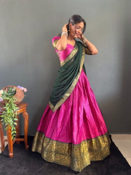 South Indian Style Half Saree Cotton Lehenga Choli  Wedding Wear with Lace Dupatta Set Collection at Low Price by Royal Export Half Saree Lehenga