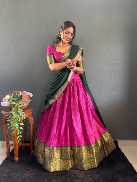 South Indian Style Half Saree Cotton Lehenga Choli  Wedding Wear with Lace Dupatta Set Collection at Low Price by Royal Export Half Saree Lehenga