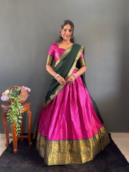 South Indian Style Half Saree Cotton Lehenga Choli  Wedding Wear with Lace Dupatta Set Collection at Low Price by Royal Export Half Saree Lehenga