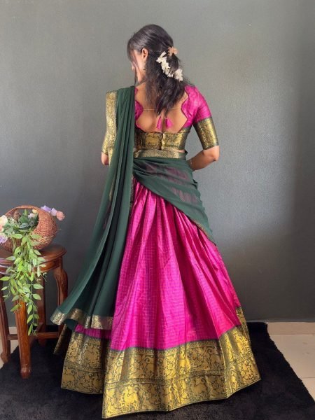 South Indian Style Half Saree Cotton Lehenga Choli  Wedding Wear with Lace Dupatta Set Collection at Low Price by Royal Export Half Saree Lehenga