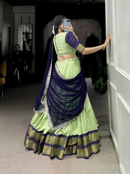 South indian Traditional Semi Stitched Parrot Green Half Saree Lehenga Choli Set Half Saree Lehenga