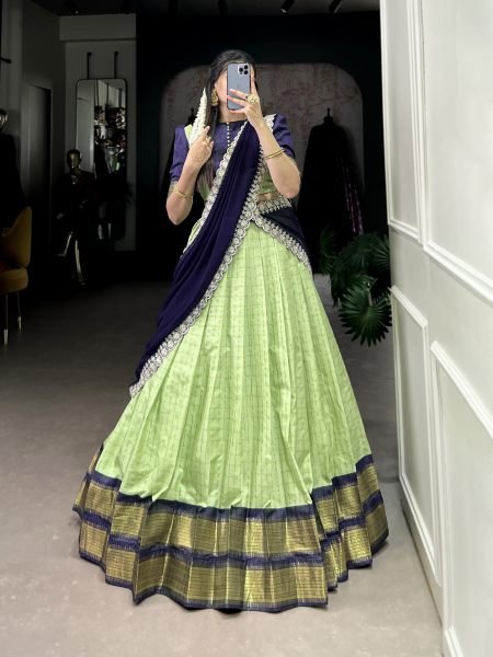 South indian Traditional Semi Stitched Parrot Green Half Saree Lehenga Choli Set Half Saree Lehenga