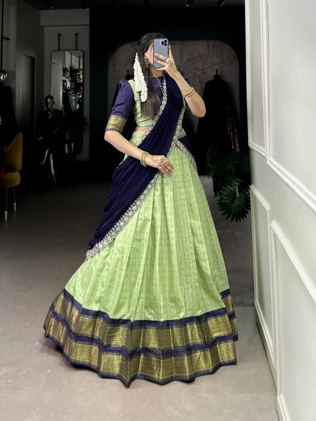 South indian Traditional Semi Stitched Parrot Green Half Saree Lehenga Choli Set Half Saree Lehenga