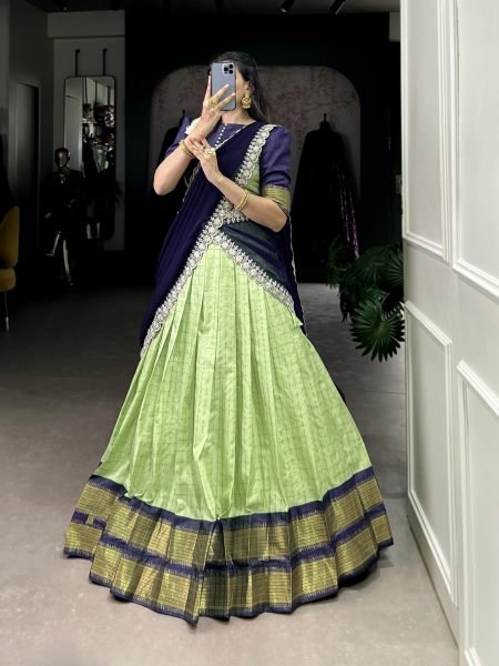 South indian Traditional Semi Stitched Parrot Green Half Saree Lehenga Choli Set Half Saree Lehenga