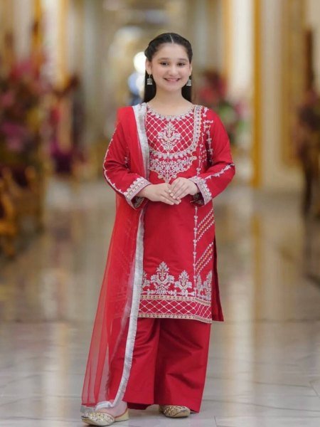 Spark Joy in Red Crepe Silk Suit for Girls Embroidered Festive Wear with Dupatta Set Girls Wear
