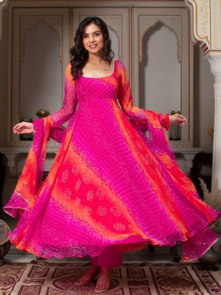 Sparkling Bandhani Print Fox Georgette Anarkali Set with Lace Work Dupatta for a Festive Wear Georgette Kurti 