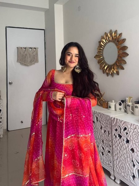 Sparkling Bandhani Print Fox Georgette Anarkali Set with Lace Work Dupatta for a Festive Wear Georgette Kurti 