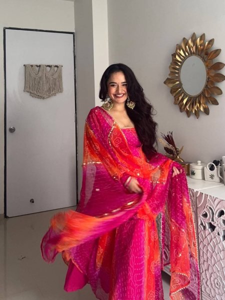 Sparkling Bandhani Print Fox Georgette Anarkali Set with Lace Work Dupatta for a Festive Wear Georgette Kurti 