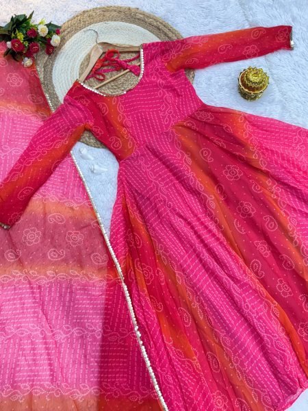 Sparkling Bandhani Print Fox Georgette Anarkali Set with Lace Work Dupatta for a Festive Wear Georgette Kurti 