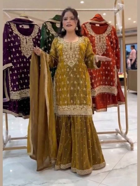Sparkling Gmy Choo Embroidery Sequin Work Sharara Suit with Lace Border Dupatta at Manufacturer Rate Ready To Wear Collection