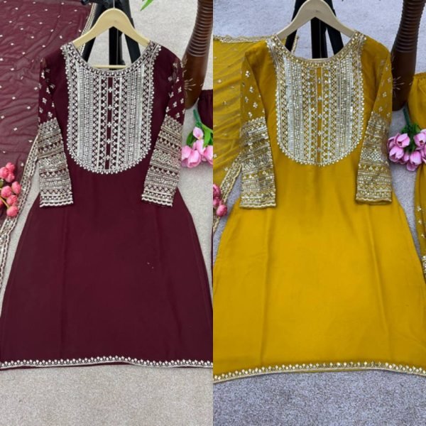 Special Wedding Wear Faux Georgette Sharara Suit With Embroidery Work  Ready To Wear Collection