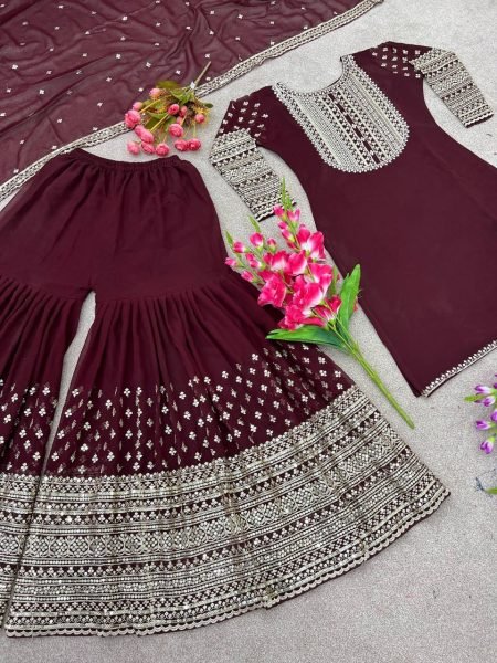 Special Wedding Wear Faux Georgette Sharara Suit With Embroidery Work  Ready To Wear Collection