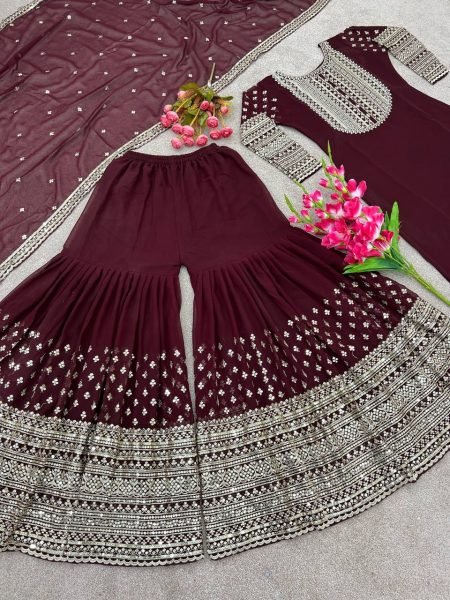 Special Wedding Wear Faux Georgette Sharara Suit With Embroidery Work  Ready To Wear Collection
