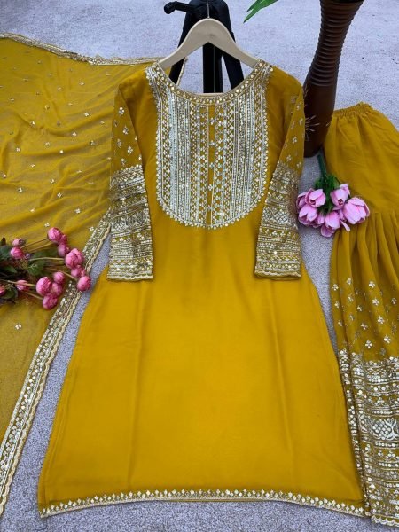 Special Wedding Wear Faux Georgette Sharara Suit With Embroidery Work  Ready To Wear Collection