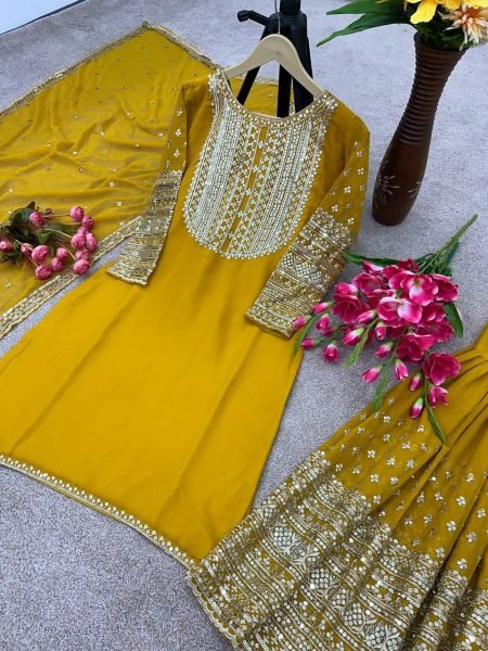 Special Wedding Wear Faux Georgette Sharara Suit With Embroidery Work  Ready To Wear Collection