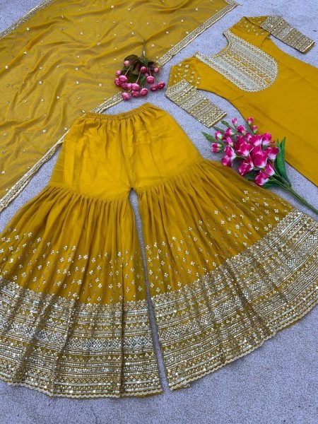 Special Wedding Wear Faux Georgette Sharara Suit With Embroidery Work  Ready To Wear Collection