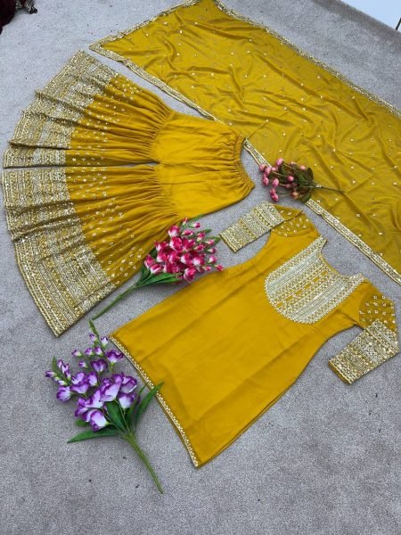 Special Wedding Wear Faux Georgette Sharara Suit With Embroidery Work  Ready To Wear Collection